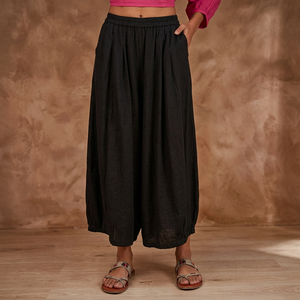 Women's Black Cotton Breathable Casual Low Elastic Waist Flat Front Free Size Straight Bohemian Loose Ankle-Length Summer <b>Pants</b> - Product Image 1
