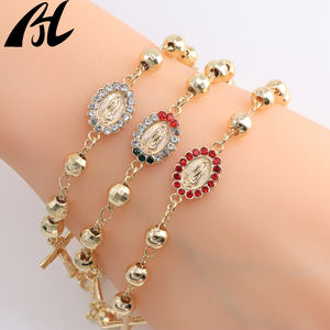 프로모션 14K 옐로우 골드 다이아몬드 컷 구슬 묵주 종교 가톨릭 예수 십자가 팔찌 성모 마리아 패션 매력 팔찌 - Product Image 5