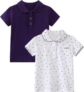 Polos à manches courtes pour filles, en coton, imprimé à pois, hauts d'école, t-shirts pour enfants, polos avec poignets ondulés pour l'école et le quotidien - Product Image 1