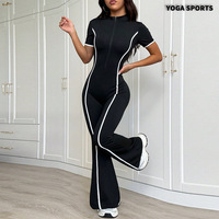 Dames Kleurblok Eén-delige Yoga Jumpsuit Snel Droogend Hoge Stretch Uitlopende Pijpen Workout Bodysuit Buitenkleding Casual Virale Sportkleding