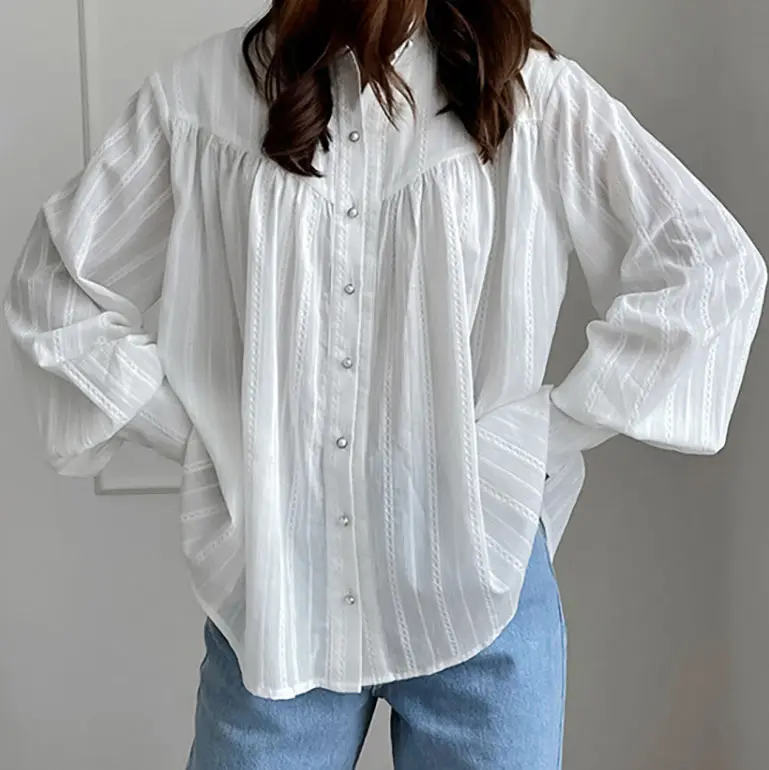 Personalizzato in bianco Casual da donna, top e camicette stampa scollo a V da donna in Chiffon elegante camicetta a maniche lunghe da donna/