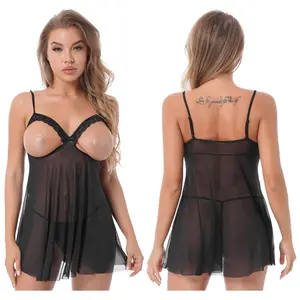 Vestido camisola Sexy transparente para mujer, ropa de dormir con G-string, copa abierta