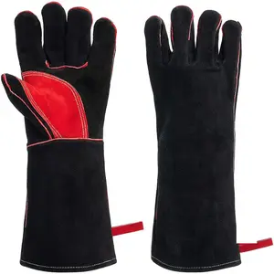 厂家价格柔软透气麂皮黑色红色皮革安全防水防火耐热工作长焊接手手套