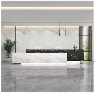 CR124 Two Tier Craft Marble Effect Reception Desk Corporate Front Desk with Statement Sculpture Accent for Hotel Lobby - Product Image 1