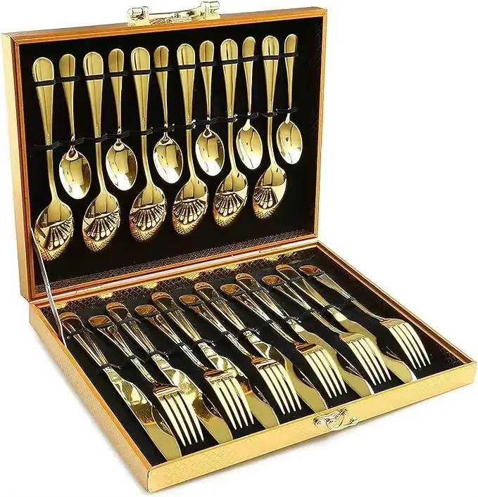 Wholesale Price 24pcs Luxury Hotel Restaurant Kitchen Black Gold Silver Plated Stainless Steel Flatware Cutlery Set