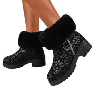 Nouvel arrivage de bottes de neige d'hiver en faux daim léopard pour femmes à plateforme talons épais fermeture éclair bout rond bottine de neige botte de fête décontractée