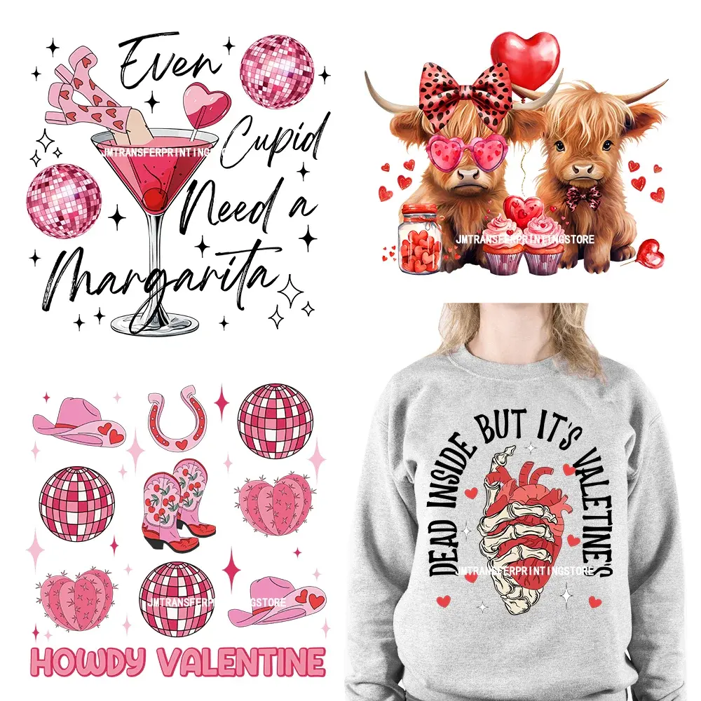 Western Highland Koe Valentijn Stickers Dood Binnen, Maar Het Is Valentijnskelet Xoxo Love Dtf Transfer Stickers Voor Shirts