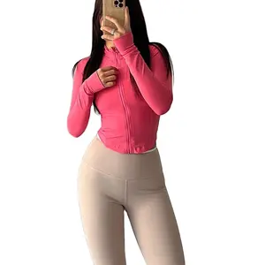 2023 sıcak satış moda basit nefes parlak renk özel fermuar Up uzun kollu spor Fitness egzersiz kadınlar Yoga kırpma üst ceket