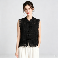 Gilet sans manches en dentelle noire pour femme, col mandarin, boutons grenouillère, haut ajouré, style chinois élégant et tendance