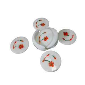 Handmade round white marble <b>coasters</b> with lotus MOP floral inlay luxury natural stone <b>drink</b> <b>coasters</b> decorative marble tableware - Product Image 1