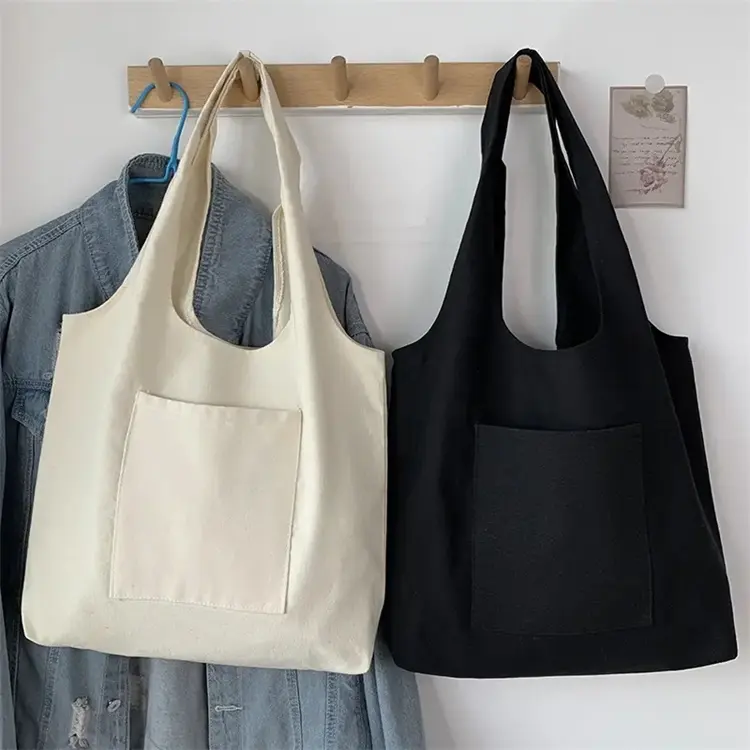 Reusable Eco Cotton Cloth Shopper Books Canvas Vest Shopping Bag Women Student Grocery Canvas Tote Bag with Pocket