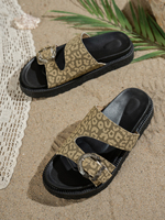 Sandales compensées vintage style urbain à boucle léopard pour femme, semelle épaisse, tige en tissu, semelle extérieure en caoutchouc, confortables pour l'été