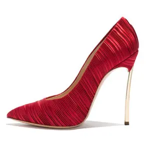Seksi kırmızı saten streç kumaş kadın stilettos elbise ayakkabı metal yüksek topuk büyük ab boyutu 45 bayanlar pompaları 12cm kadın ayakkabısı