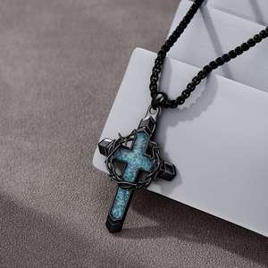 Vintage Turquoise <b>Cross</b> Pendant Necklace for Women <b>Men</b> Thorny Wreath and <b>Cross</b> Design <b>Chain</b> Jewelry Gifts - Product Image 4