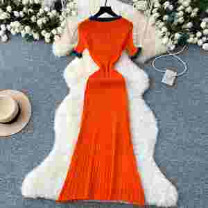 Robe midi en maille fine vintage d'été pour femmes, robe en denim patchwork à manches courtes, noire et blanche - Product Image 4