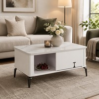 Table basse de salon en bois sur mesure, moderne, avec pieds métalliques coniques, plateau en marbre veiné, étagère ouverte, tiroir fermé et plateau en verre technologique