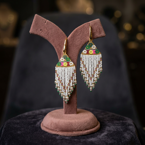 Sstringz Handcrafted Ivory White, <b>Emerald</b> Green, Blush Pink & Gold Miyuki Delica Beaded Fringe Earrings with Pearl Accents Boho - Product Image 4