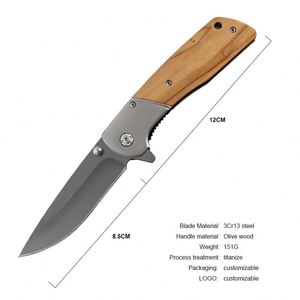 Stainless Steel Wood Handle EDC Tactical Survival Folding Knife with Clip Blank Blade Can Be Customized with Patterns - Product Image 6