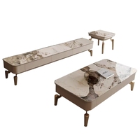 Table basse de salon de luxe en marbre avec piètement en métal doré et LED, rectangulaire, avec 2 tiroirs