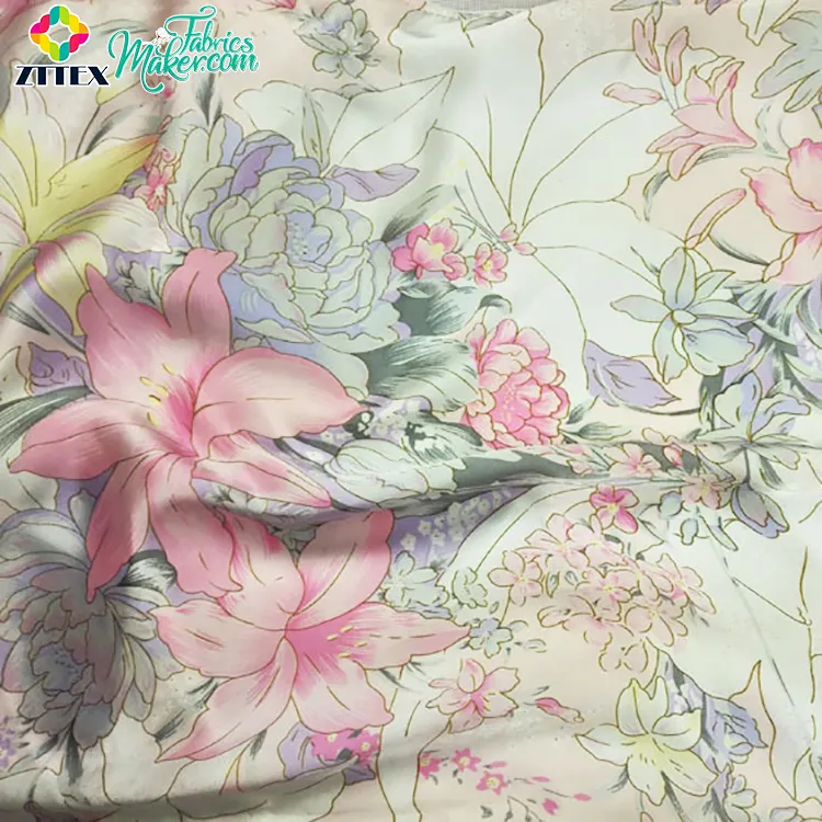 Vente en gros de fleurs personnalisées en polyester extensible, tissu numérique en soie satin imprimé, textile pour robe