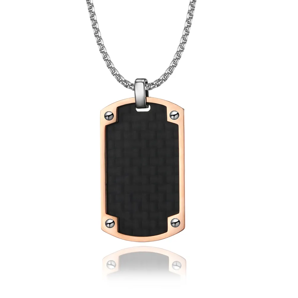 Classic Men's Dog Tag Black Military Dog Tag Carbon Fiber Inlay Pendant Rose Gold Plated Stainless Steel Chain Necklace