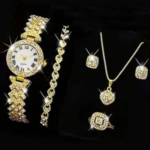 5PCS Set Watch Women Ring Necklace Earrings Rhinestone Wristwatch Female Casual Ladies Watches Bracelet Set Clock(No Box)