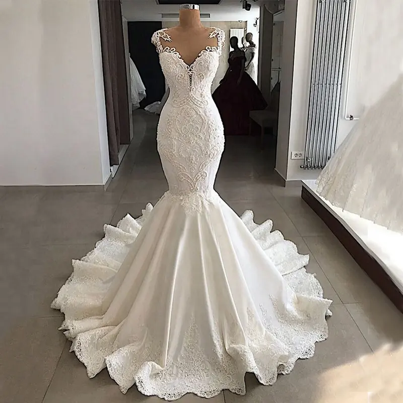 Luxury Vestidos de Novia Satin Women Elegant Bride Beaded Engagement Mermaid Fishtail Wedding Dress Bridal Gown 2020