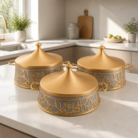 Ensemble de 3 casseroles isothermes de luxe noir et or à motif arabe pour servir les plats chauds, idéal pour l'Aïd, les fêtes de famille et le service de traiteur Majlis