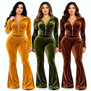 Custom Women Velvet <b>Tracksuit</b> Set 2 Piece Slim Fit Zip Up Hoodie and Flared Pants Luxury <b>Velour</b> Matching Outfit Manufacturer - Product Image 1