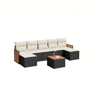 Ensemble de canapés de jardin en rotin moderne 6 places, mobilier d'extérieur avec accents en teck, résistant aux intempéries, design contemporain - Product Image 1