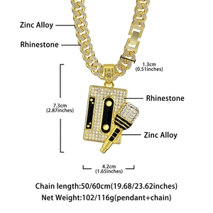 Collana in Lega di Zinco Placcata Oro a Tema <span class=keywords><strong>Hip</strong></span> <span class=keywords><strong>Hop</strong></span> con Catena a Maglie Geometriche, Ciondolo Bling Iced Tape e Microfono per Feste - Product Image 6
