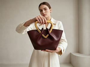 Sac fourre-tout de luxe en cuir souple <span class=keywords><strong>bordeaux</strong></span> ondulé avec poignée cœur dorée pour femme, idéal pour les soirées élégantes - Product Image 4