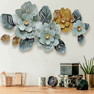 Handmade 3D Pastel Metal <b>Flower</b> <b>Wall</b> Art <b>Panel</b> Light Teal Gold Floral Leaf <b>Wall</b> Hanging Sculpture Decor for Home Office - Product Image 1
