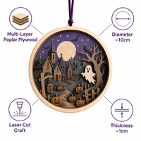 Ornement d'Halloween personnalisé en contreplaqué peuplier de 3 mm découpé au laser, thème Village Hanté, pour la décoration d'automne, conforme CPSC, DDP