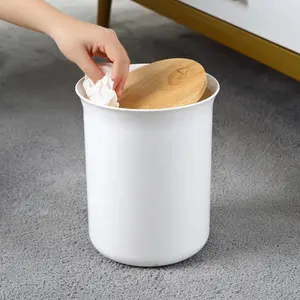Nordic simple style standing rubbish paper small plastic waste bin cylinder withe PP trash bin with bamboo cover
