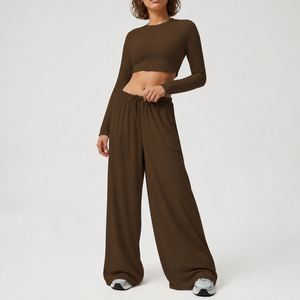 Ensemble assorti femme tendance 2026 : haut court uni à manches longues et pantalon ample à cordon de serrage - Product Image 5