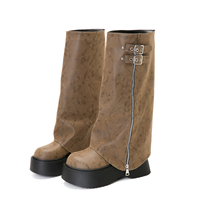 Bottes montantes pour femme, style vintage, effet vieilli, à talon compensé et plateforme, avec double boucle et fermeture éclair latérale, à enfiler