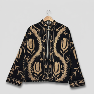 Black <b>Velvet</b> Embroidered Floral Print Blouson <b>Jacket</b> <b>for</b> <b>Women</b> Stand Collar Full Sleeve Zip-Up Spring/Summer Outerwear Bohemian - Product Image 1
