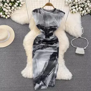 S-XL Retro Chinese style round neck waist length dress Split ink painting halo dyeing printed mesh wrap buttocks dress