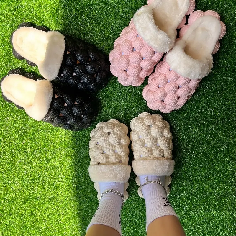 Winter 2022 Plush Ladies Women Lychee Slippers Wholesale Custom House Home Fur Bubble Slides