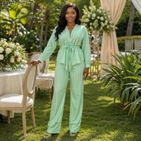 Ensemble de vêtements de détente pour femmes, col en V côtelé, ceinture à nouer, chemisier à manches longues, pantalon à jambes larges, tenue élégante en deux pièces