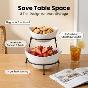 Plateau à 2 niveaux en porcelaine blanche de 6 à 7,5 pouces avec support en métal noir, résistant à la chaleur, pour apéritifs, fêtes, mariages, maison et cuisine - Product Image 2