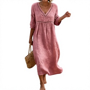 Robe mi-longue en lin bleu sarcelle faite à la main, col en V, taille empire, manches trois quarts, style tunique simple, respirante, pour femme, idéale pour l'été - Product Image 5