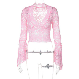Di alta qualità nuovo stile Sexy profondo V sottile <span class=keywords><strong>manica</strong></span> <span class=keywords><strong>lunga</strong></span> da donna Versatile stile corto <span class=keywords><strong>pizzo</strong></span> a maniche lunghe Top in <span class=keywords><strong>pizzo</strong></span> OEM - Product Image 2