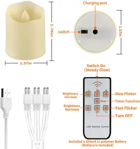 6 pacotes de velas LED recarregáveis sem chama para mesas de restaurante luzes de chá com brilho ajustável