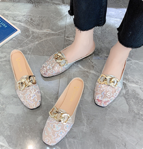 Nouvelles sandales plates à bout fermé pour femmes, chaussures à talons bas, mocassins en maille, tête carrée, pantoufles en filet <span class=keywords><strong>creux</strong></span> - Product Image 5