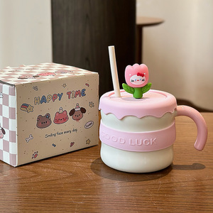 Jiao Porcelain Coffee Flower Cat High Appearance Level Straw Mark Ceramic <b>Mug</b> Lid Spoon <b>Cute</b> Gift Box Back to School Creativity - Product Image 5