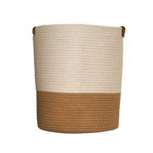 Panier de rangement en corde de coton tressée, panier à linge rond de 34x37cm avec poignée en cuir, organisateur de vêtements - Product Image 3