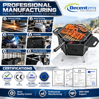 Barbecue portable hexagonal au charbon de bois noir mat avec trépied, grille en fil métallique et poignées latérales pour feu de camp