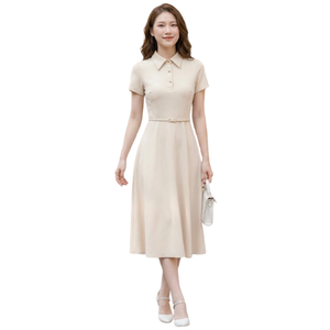 Elegante Vestido Midi para Mujer, Manga Corta, Cuello Polo, Corte en A, Ropa de Trabajo de Oficina, Diseño Personalizado, Precio al por Mayor - Product Image 1